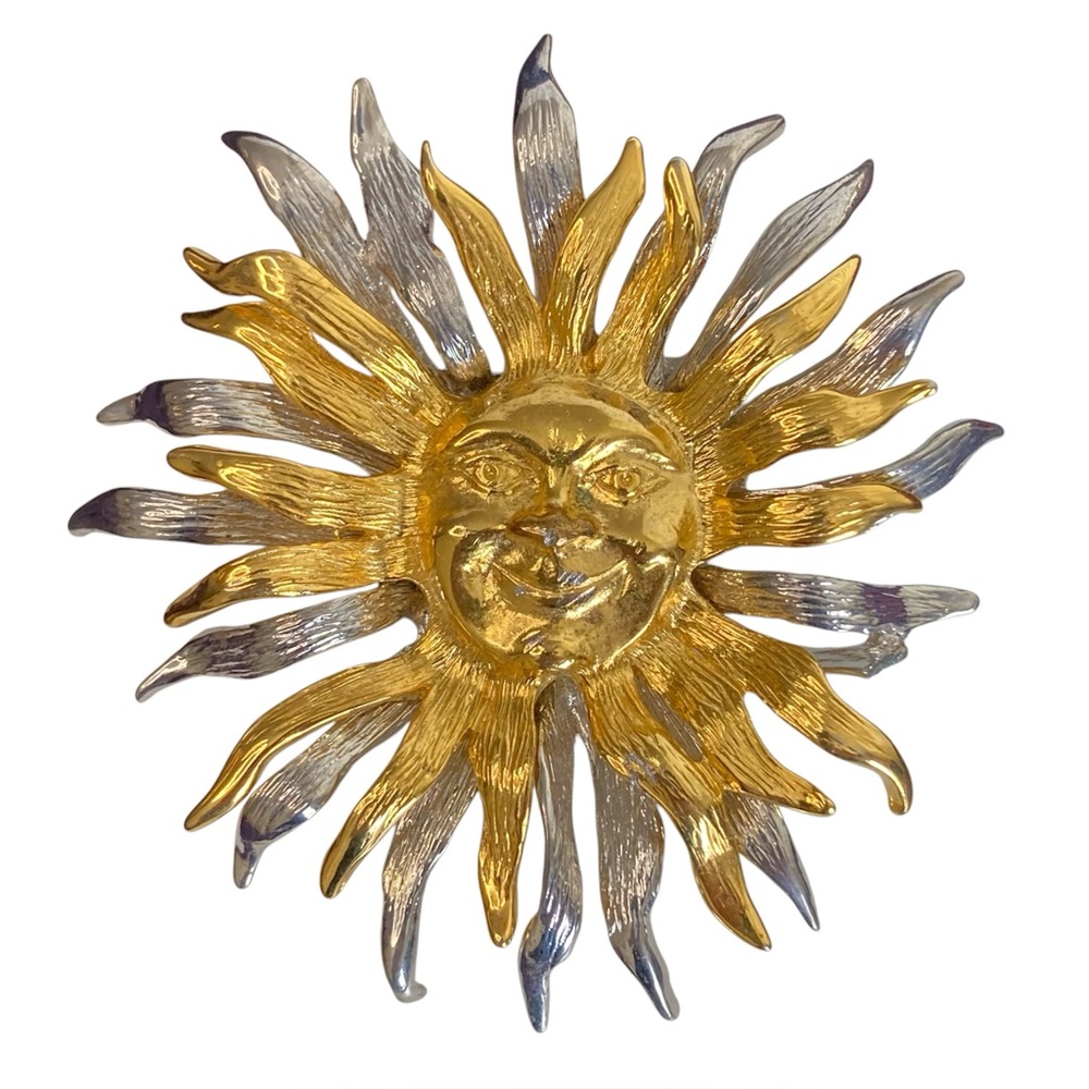 Vintage JJ Sun Brooch Pin Gold & Silver 2 Tone Celestial Sun-face